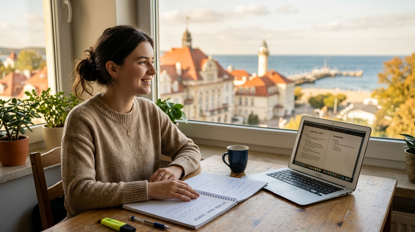 Student w Sopocie przy laptopie i notatnikach. W tle architektura Sopotu. Jednorazowe wsparcie finansowe i stypendia dla studentów oraz doktorantów.