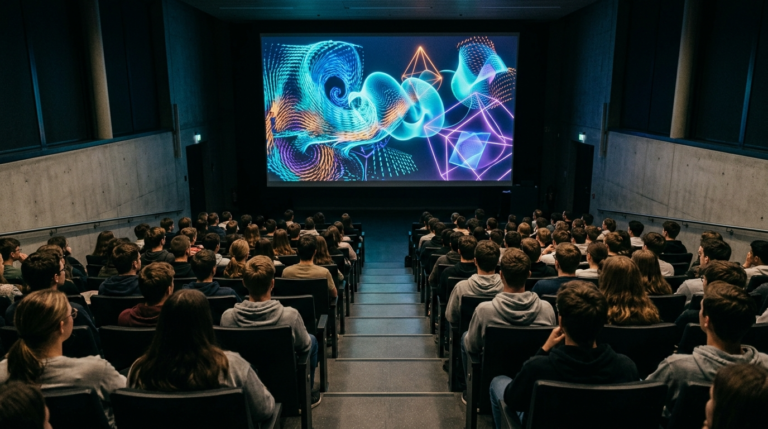 Studenci w ciemnej auli Politechniki Wrocławskiej oglądają studenckie animacje naukowe 3D ukazujące dynamikę płynów i wzory geometryczne na wielkim ekranie.