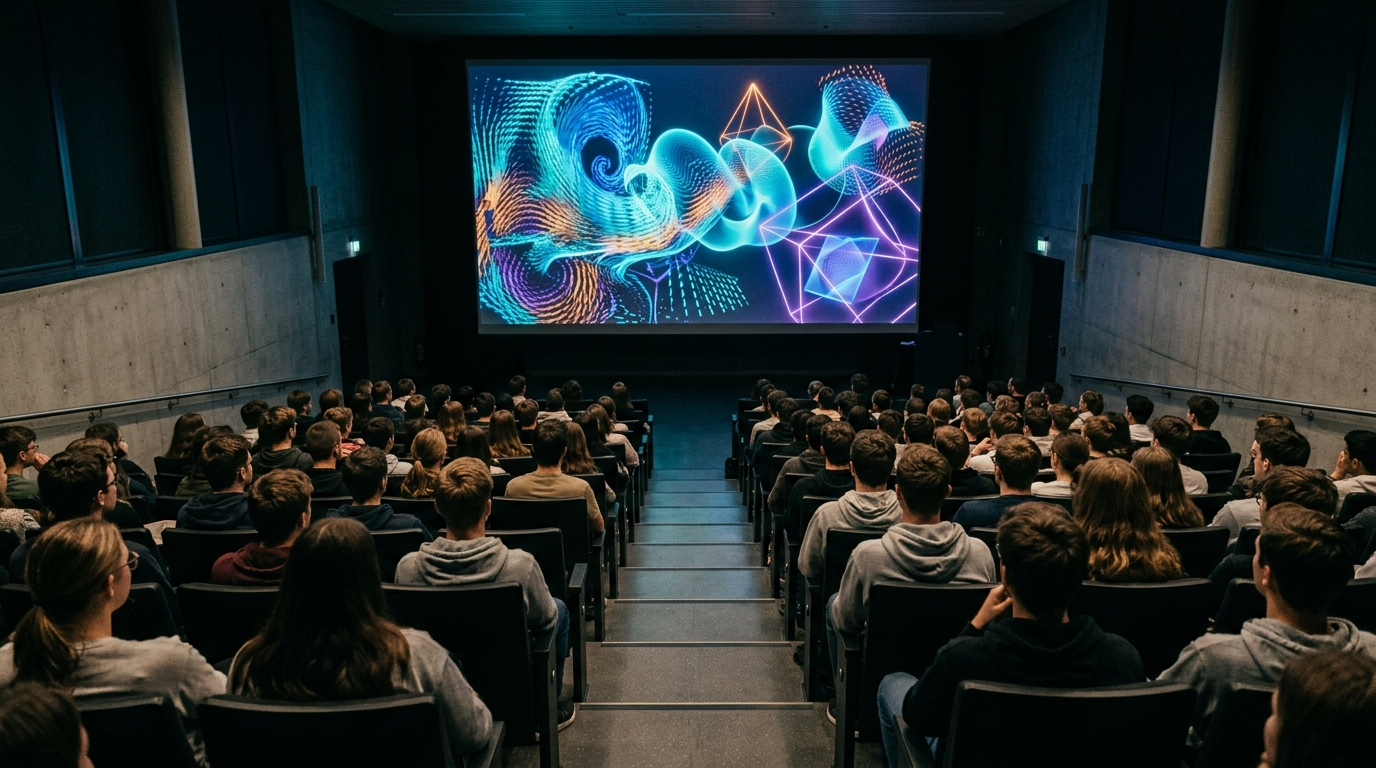 Studenci w ciemnej auli Politechniki Wrocławskiej oglądają studenckie animacje naukowe 3D ukazujące dynamikę płynów i wzory geometryczne na wielkim ekranie.