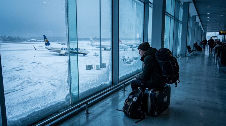 Zasmucony student z plecakiem patrzy przez mroźne okno na samolot Ryanair. Zimowe zawieszone loty z Polski i przerwane podróże studenckie na lotnisku.