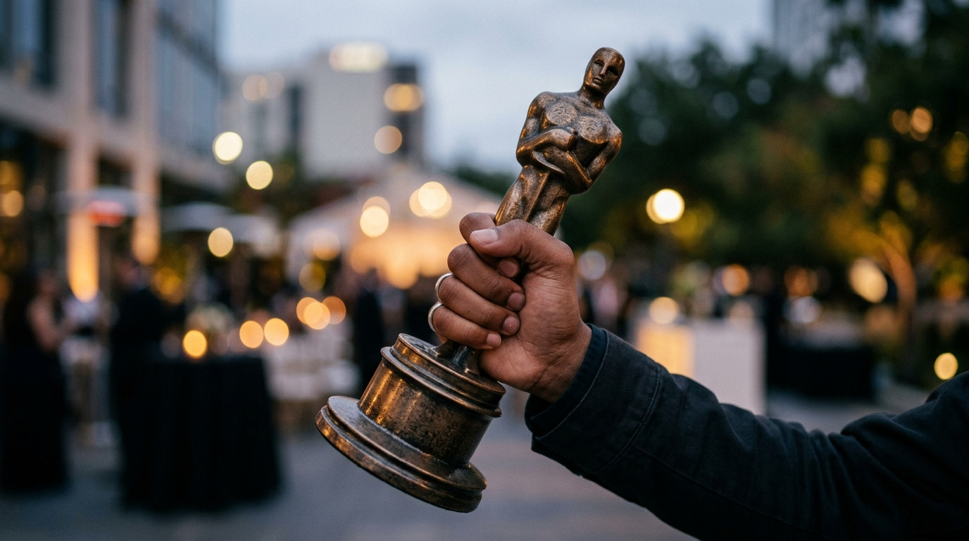 Ręka studenta trzymająca brązowego Studenckiego Oscara za krótki metraż. Nagroda dla polskich studentów na rozmytym tle. Prestiżowe wyróżnienie filmowe.
