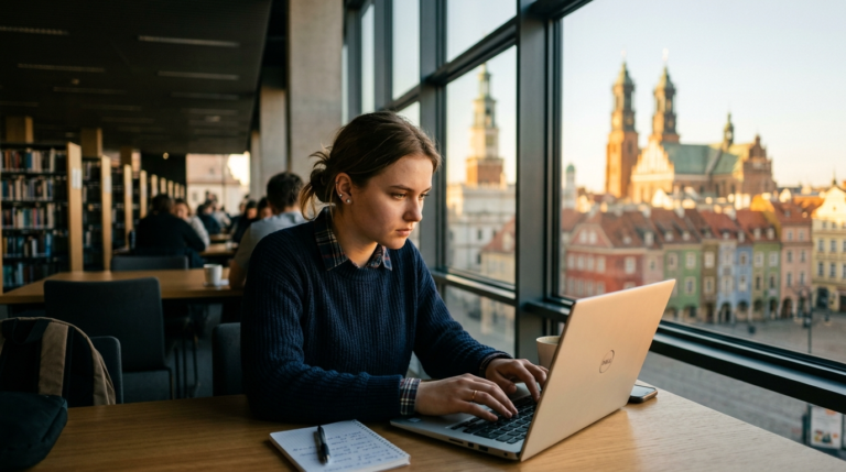 Skupiony student z laptopem w bibliotece. Ostatnie godziny rekrutacji na wolne miejsca na studia na UAM w Poznaniu, w tle słońce i architektura miasta.
