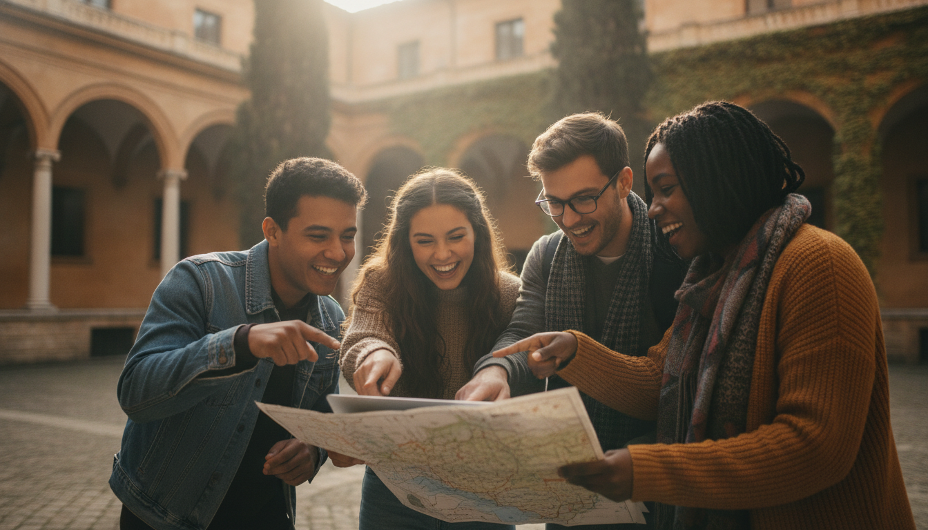 Radośni studenci z mapą i laptopem na słonecznym dziedzińcu uczelni. Rekrutacja na wyjazd Erasmus i podróże studenckie. Zabytkowa europejska architektura w tle.