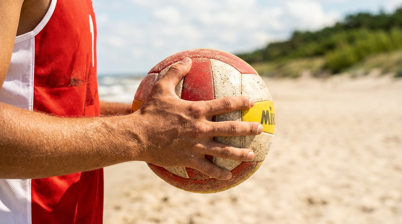 Piłka do siatkówki plażowej trzymana przez polskiego studenta w biało-czerwonym stroju. Akademickie Mistrzostwa Świata w Portugalii, sport studencki.
