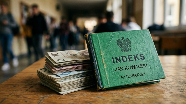 Zielony indeks studencki Jana Kowalskiego oparty o stos polskich banknotów. Koszty utrzymania i życie codzienne studenta w Polsce – wydatki na studia.