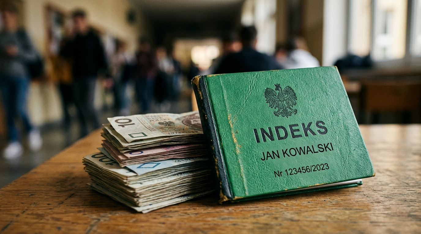 Zielony indeks studencki Jana Kowalskiego oparty o stos polskich banknotów. Koszty utrzymania i życie codzienne studenta w Polsce – wydatki na studia.