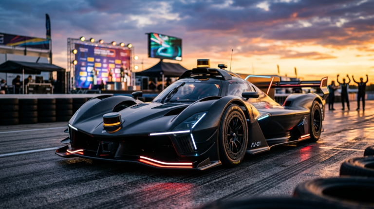 Futurystyczny autonomiczny bolid Formula Student z włókna węglowego i LiDAR na torze. Agresywna aerodynamika w złotym świetle. Sukces wrocławskich studentów.