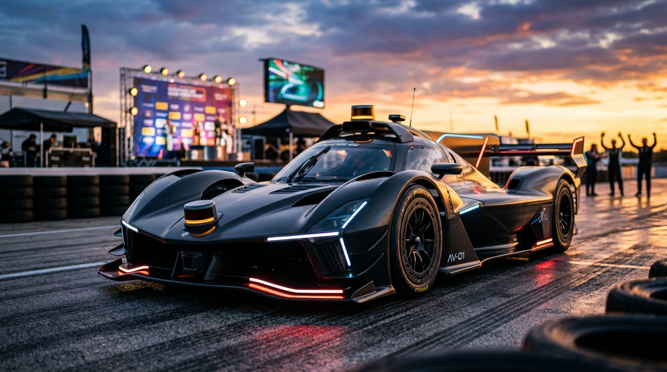 Futurystyczny autonomiczny bolid Formula Student z włókna węglowego i LiDAR na torze. Agresywna aerodynamika w złotym świetle. Sukces wrocławskich studentów.