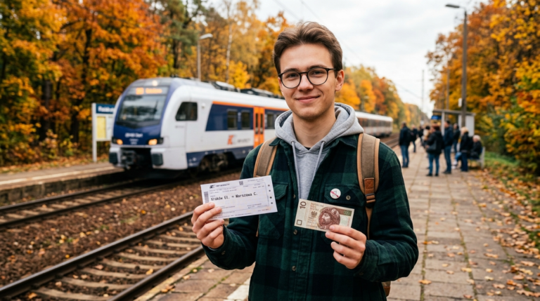 Student trzyma bilet PKP Intercity i 10 zł na tle złotej jesieni. Tanie bilety kolejowe za 10 zł na Dzień Edukacji Narodowej, jesienne podróże pociągiem.