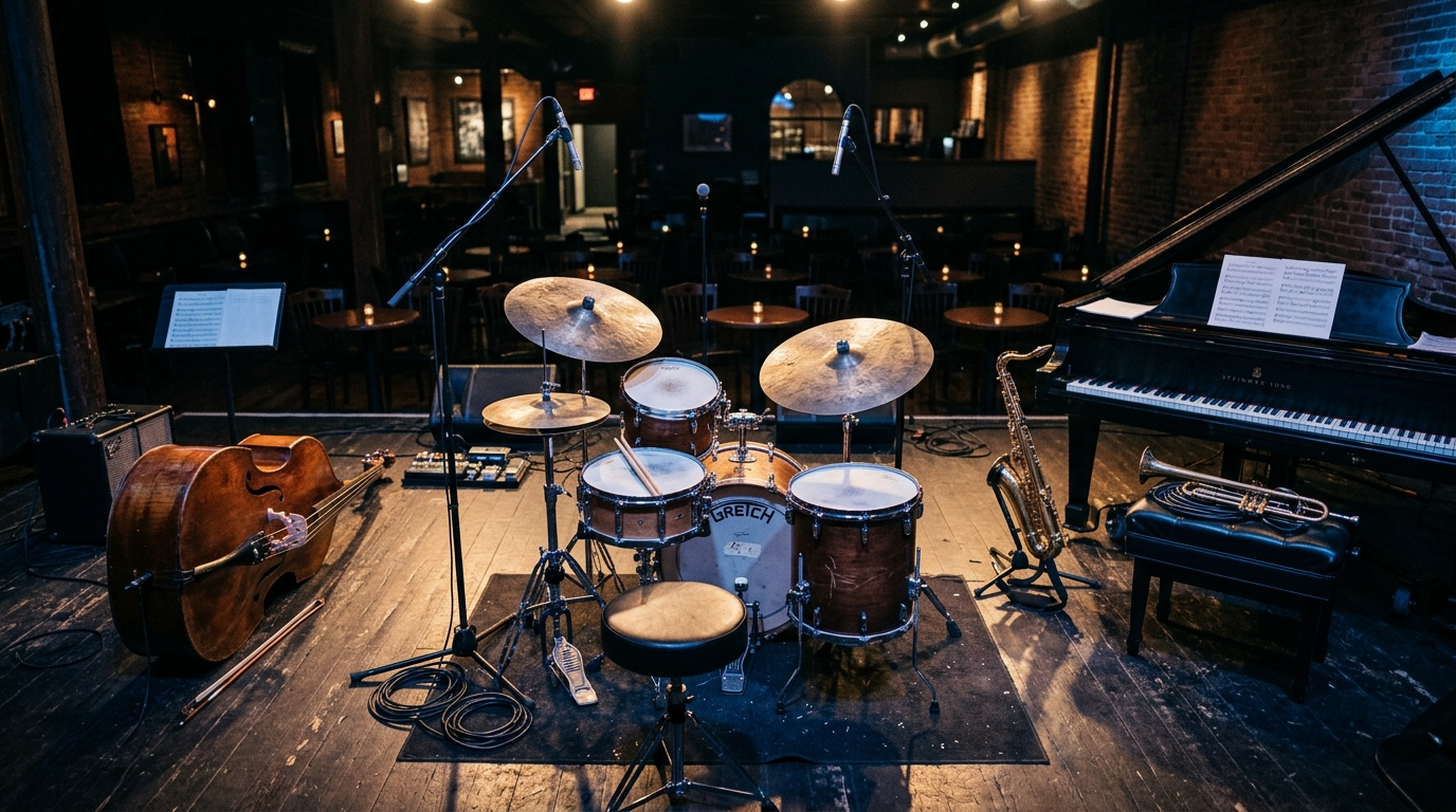 Instrumenty jazzowe na pustej scenie przed koncertem Współgłosów. Festiwal Łódź Wielu Kultur – nastrojowy widok na kontrabas i perkusję w blasku reflektorów.