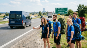 Studenci z Wrocławia w niebieskich koszulkach i smyczach czekają z plecakami na autostop do Kalabrii. Grupa polskich podróżników z matami na terenie kampusu.