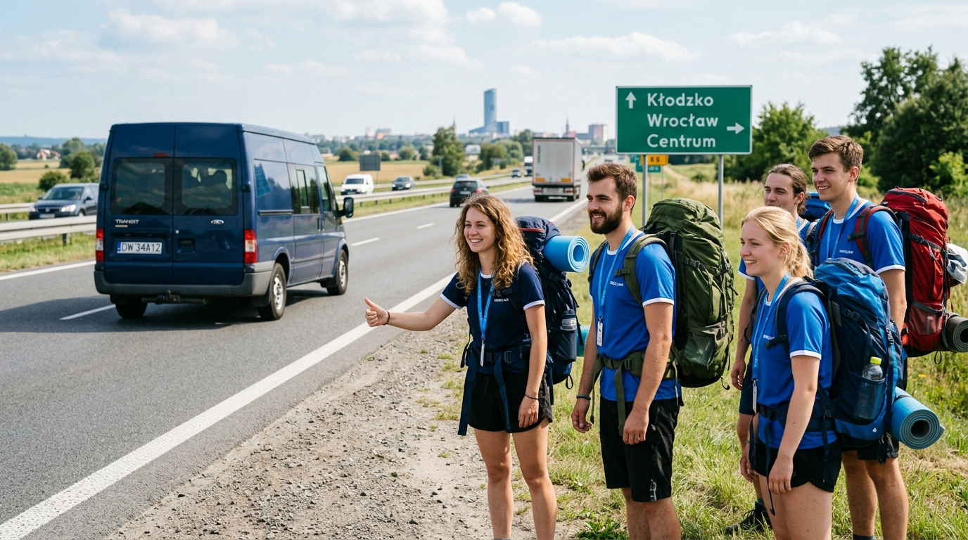 Studenci z Wrocławia w niebieskich koszulkach i smyczach czekają z plecakami na autostop do Kalabrii. Grupa polskich podróżników z matami na terenie kampusu.