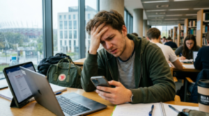 Sfrustrowany polski student próbuje załatwić sprawy przez internet na smartfonie. Opóźnienia w wydawaniu legitymacji studenckich na uczelniach.