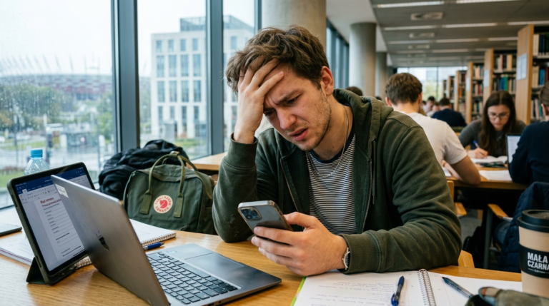 Sfrustrowany polski student próbuje załatwić sprawy przez internet na smartfonie. Opóźnienia w wydawaniu legitymacji studenckich na uczelniach.
