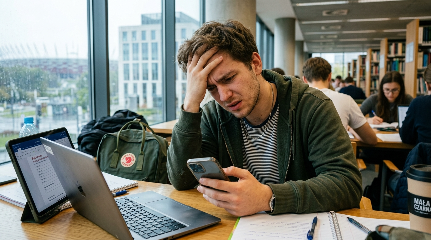 Sfrustrowany polski student próbuje załatwić sprawy przez internet na smartfonie. Opóźnienia w wydawaniu legitymacji studenckich na uczelniach.