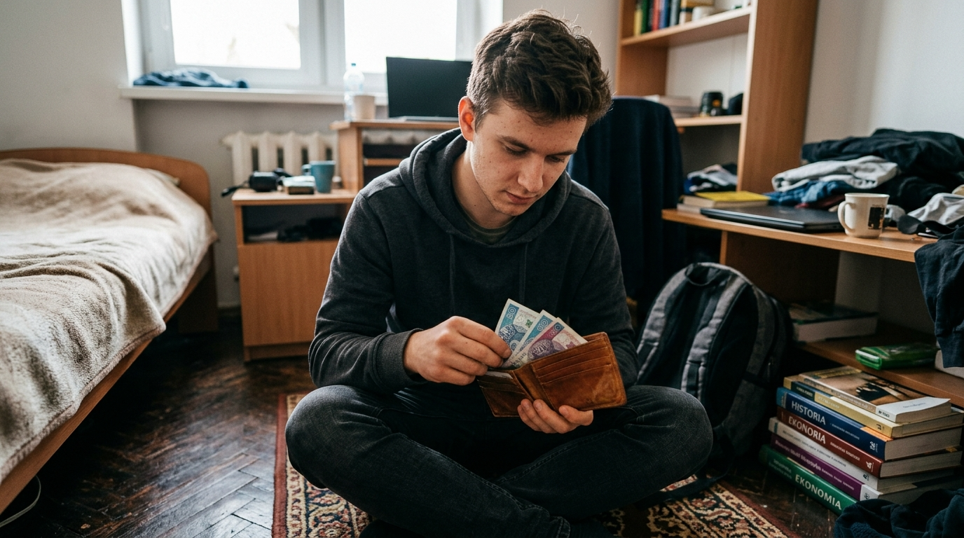 Student w akademiku UMK sprawdza gotówkę w portfelu. Drastyczne podwyżki opłat za akademiki wpływają na życie codzienne studenta i domowy budżet od października.