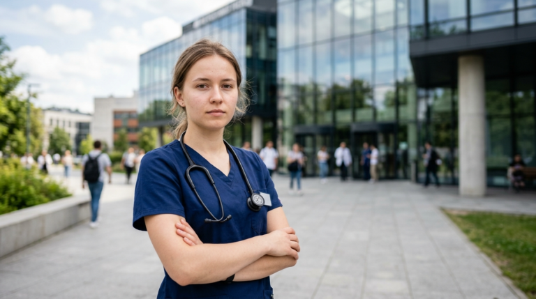 Skupiony student medycyny ze stetoskopem przed szklanym gmachem uczelni w Katowicach. Studia lekarskie i progi punktowe na nowoczesnym wydziale medycznym.