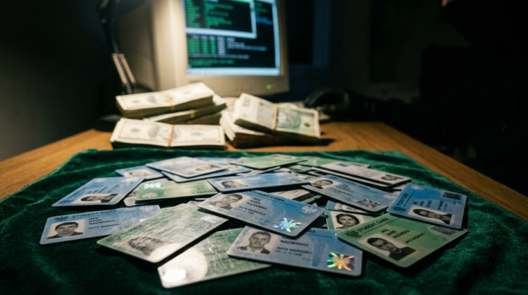 Rozrzucone zielone legitymacje studenckie z hologramami, banknoty i ekran. Mroczne ujęcie obrazujące oszustwa na fałszywe legitymacje i podrabianie dokumentów.