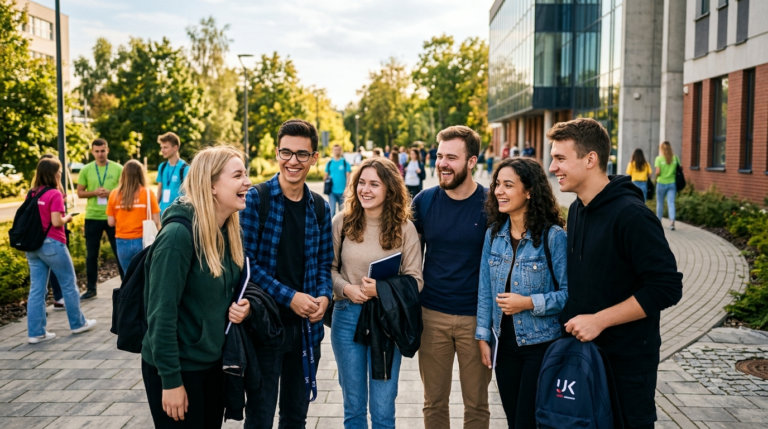 Uśmiechnięci studenci pierwszego roku na Dniu Zero UJK w Kielcach. Integracja na nowoczesnym Wydziale Pedagogiki i Psychologii w pełnym słońcu.