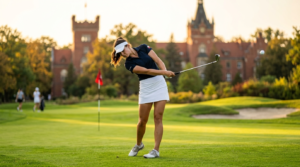 Student golfista wykonuje dynamiczny swing na polskim polu o zachodzie słońca. W tle gmach uczelni. Sport studencki i golf akademicki Polskiego Związku Golfa.