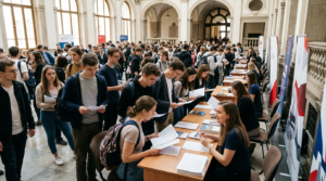 Rekrutacja uzupełniająca na studia w Akademii Tarnowskiej. Kandydaci przed budynkiem polskiej uczelni wybierają popularne kierunki studiów i planują karierę.