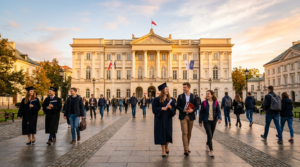 Studenci w togach na kampusie Uniwersytetu Warszawskiego o świcie. Inauguracja roku akademickiego 2026/2027 na Wydziale Neofilologii UW w złotym świetle.