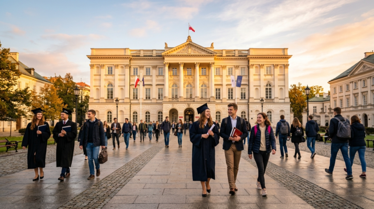 Studenci w togach na kampusie Uniwersytetu Warszawskiego o świcie. Inauguracja roku akademickiego 2026/2027 na Wydziale Neofilologii UW w złotym świetle.