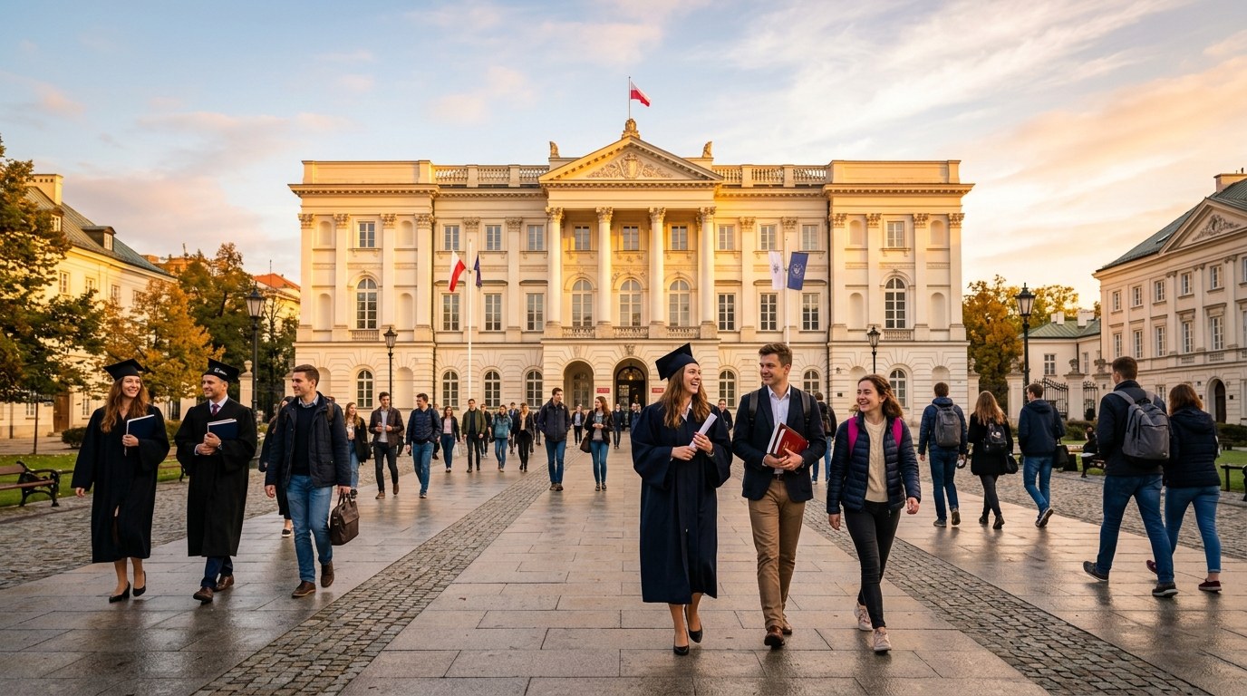 Studenci w togach na kampusie Uniwersytetu Warszawskiego o świcie. Inauguracja roku akademickiego 2026/2027 na Wydziale Neofilologii UW w złotym świetle.