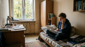 Student odpoczywa z laptopem w pokoju jednoosobowym Domu Studenta PANS w Przemyślu. Skromne, minimalistyczne wnętrze akademika z lat 2010, wczesna jesień.