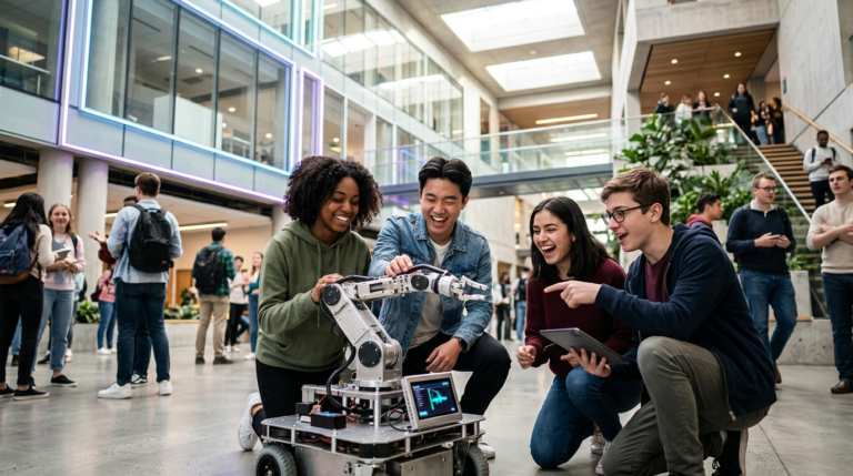 Uśmiechnięta młodzież i studenci przy robocie w jasnym atrium. Politechnika Talentów buduje studencki klimat i radosną aktywność na uczelni technicznej.