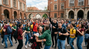 Grupa polskich studentów bawiących się na krakowskich Juwenaliach na tle budynków uczelni. Tradycyjna zabawa studencka i krakowskie święto studentów.