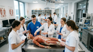 Studenci medycyny z Tarnowa w nowoczesnym Zakładzie Anatomii. Grupa w kitlach przy modelu anatomicznym w profesjonalnym, jasnym laboratorium medycznym.