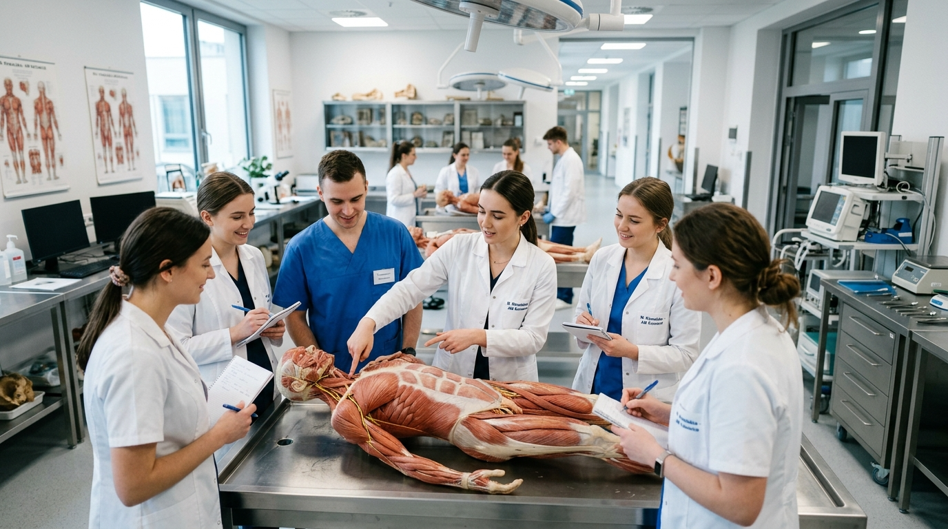 Studenci medycyny z Tarnowa w nowoczesnym Zakładzie Anatomii. Grupa w kitlach przy modelu anatomicznym w profesjonalnym, jasnym laboratorium medycznym.