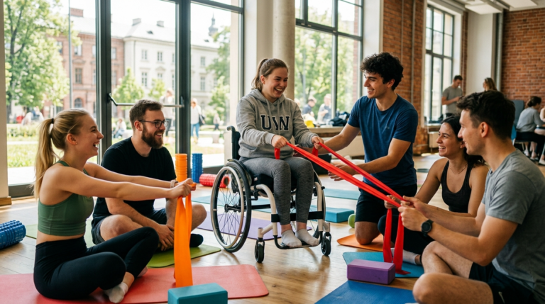 Darmowe warsztaty prozdrowotne dla studentów z niepełnosprawnościami we Wrocławiu. Grupa, w tym osoba na wózku, ćwiczy uśmiechnięta w jasnym studiu ze sprzętem.