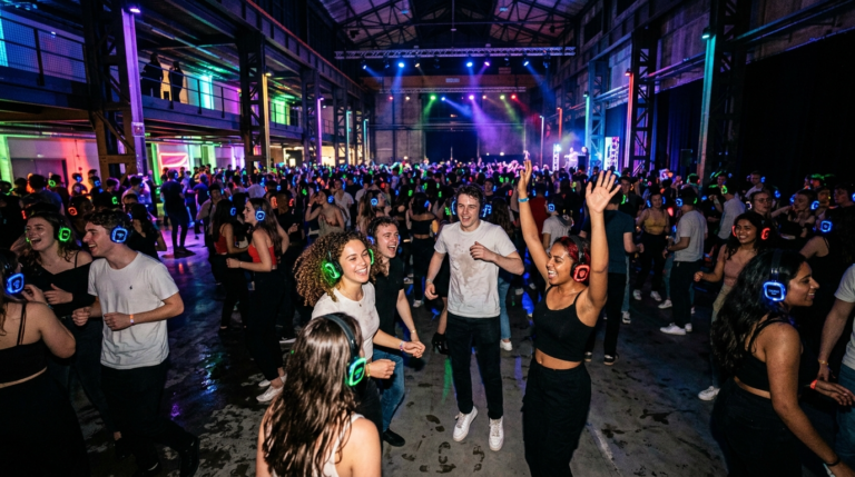 Studenci 2026 na Silent Disco w Hali Odra w Szczecinie. Kolorowe, świecące słuchawki i neonowe światła w industrialnym wnętrzu podczas darmowej imprezy.