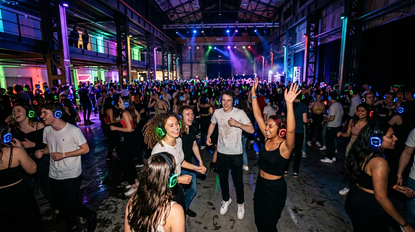 Studenci 2026 na Silent Disco w Hali Odra w Szczecinie. Kolorowe, świecące słuchawki i neonowe światła w industrialnym wnętrzu podczas darmowej imprezy.