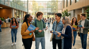 Uśmiechnięci studenci Uniwersytetu Szczecińskiego z przewodnikami w słonecznym holu podczas Dni Adaptacyjnych. Radośni pierwszoroczniacy w nowoczesnej uczelni.