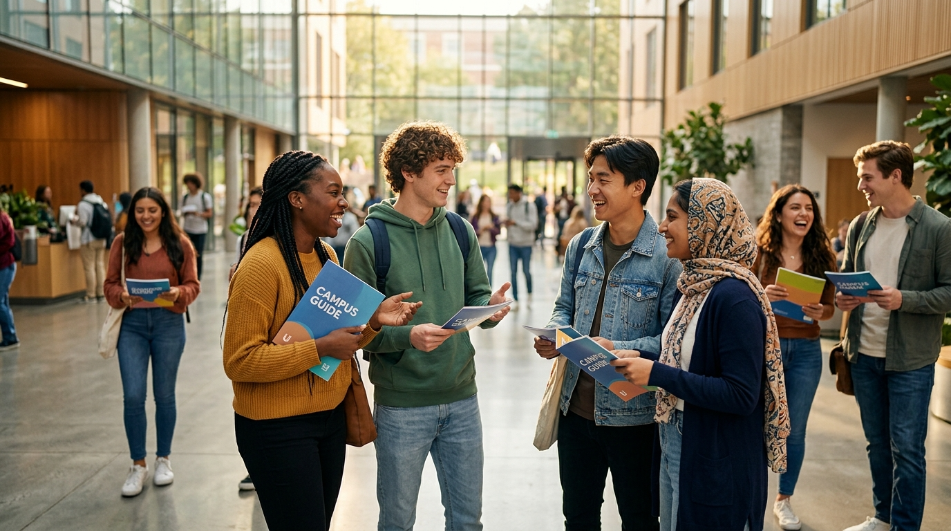 Uśmiechnięci studenci Uniwersytetu Szczecińskiego z przewodnikami w słonecznym holu podczas Dni Adaptacyjnych. Radośni pierwszoroczniacy w nowoczesnej uczelni.