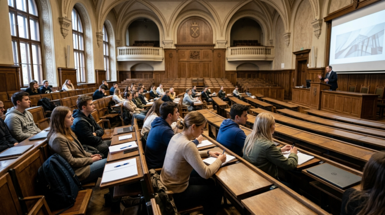 Studenci polskiej uczelni w auli uniwersyteckiej słuchają wykładu. Młodzi ludzie na sali wykładowej; wzrost liczby studentów w Polsce, edukacja wyższa.