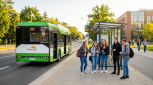 Nowoczesny autobus miejski w Białymstoku podjeżdża pod przystanek przy uczelni. Studenci z plecakami czekają na dojazd na studia w słoneczny poranek.