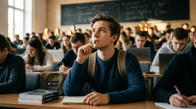 Młody polski student marzący o wysokim wynagrodzeniu. Oczekiwania finansowe studentów w 2026 roku a realia rynku pracy i przyszłe zarobki.
