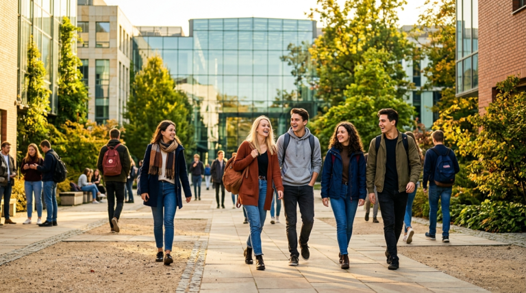 Uśmiechnięci studenci UJK w Kielcach idą przez słoneczny kampus. Inauguracja roku i wolne godziny rektorskie na nowoczesnej uczelni.