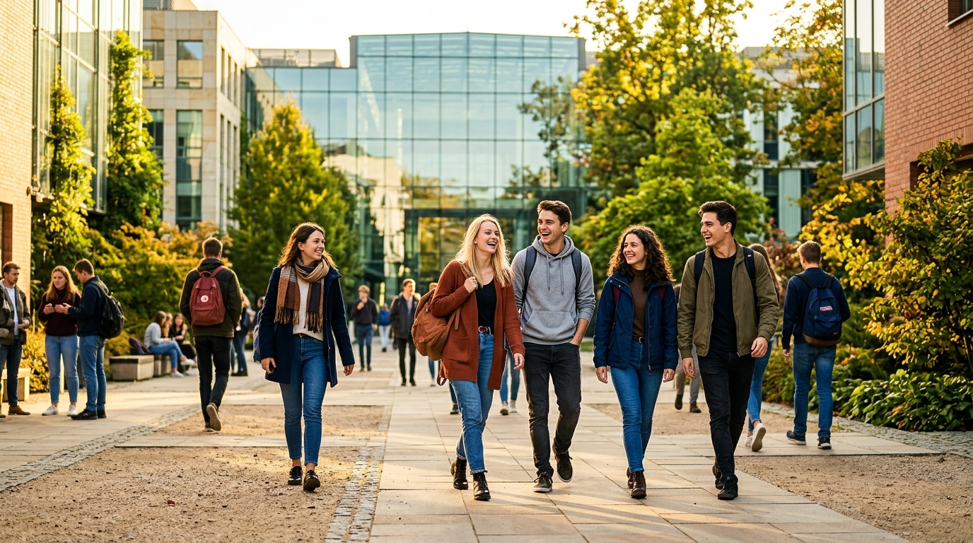 Uśmiechnięci studenci UJK w Kielcach idą przez słoneczny kampus. Inauguracja roku i wolne godziny rektorskie na nowoczesnej uczelni.