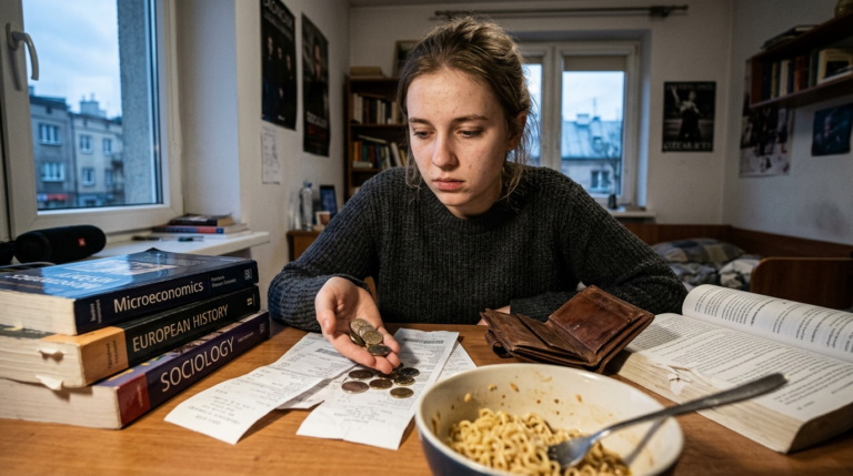 Zmartwiona studentka liczy drobne przy stosie paragonów i podręcznikach. Pusty portfel i zupka chińska obrazują rekordowe koszty utrzymania studenta.