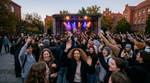 Studenci na darmowym koncercie: inauguracja roku akademickiego w Katowicach. Jesienne popołudnie, fioletowo-niebieskie światła sceny i radosny tłum na kampusie.