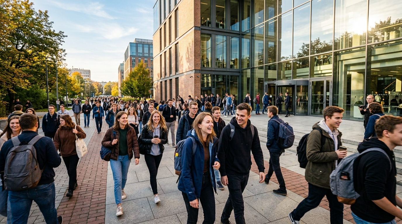 Uśmiechnięci studenci z plecakami idą do kampusu Uniwersytetu Śląskiego ze szkła i cegły. Słoneczny poranek, tłum i rozpoczęcie studiów oraz nauki.