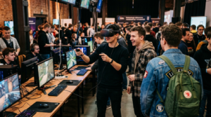 Student w goglach VR na Warszawskim Festiwalu Gier Studenckich. Obok śmiejący się kolega, w tle tłum i komputery. Widoczna postać w jeansie z zielonym plecakiem.