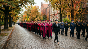 Pochód akademicki w Szczecinie: profesorowie w wrzosowych i czarnych togach oraz galowych mundurach idą jesienną aleją. Orszak na rozpoczęcie roku prowadzi kobieta.