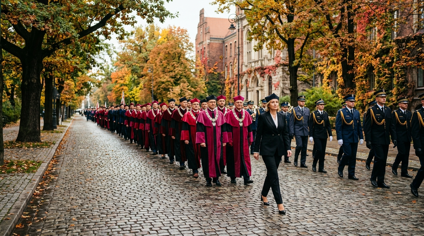 Pochód akademicki w Szczecinie: profesorowie w wrzosowych i czarnych togach oraz galowych mundurach idą jesienną aleją. Orszak na rozpoczęcie roku prowadzi kobieta.