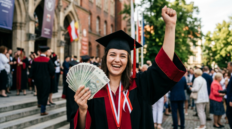Radosna studentka w todze i birecie trzyma banknoty 100 zł. Sukces i stypendia dla najlepszych studentów w obliczu nowych zasad budżetu na studia i karierę.